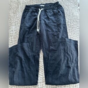 ROXY Ladies Women’s Size XS Black Linen Oceanside Pants White Drawstring